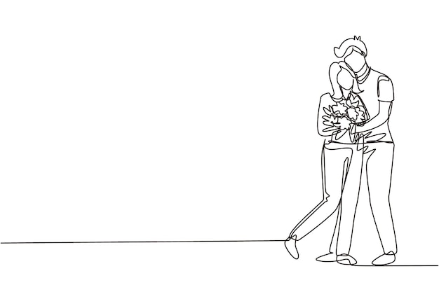 Un solo dibujo de línea continua hombre da flores a la mujer y la abraza joven hombre dando a la mujer ramo de flores para proponer feliz pareja romántica enamorada un vector de diseño gráfico de dibujo de línea.