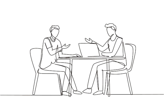 Un solo dibujo de línea continua de un hombre entrevistando a una persona famosa en el estudio para un programa de televisión.