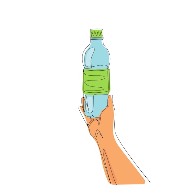 Un solo dibujo de línea continua hombre exprime en su mano una botella de plástico vacía en el vector blanco
