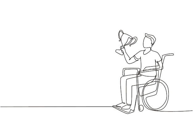 Un solo dibujo de línea continua hombre feliz en silla de ruedas sostiene el trofeo de la Copa de Oro ganador del podio vector
