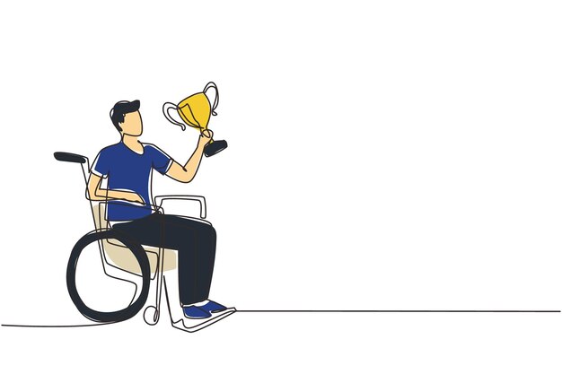 Un solo dibujo de línea continua hombre feliz en silla de ruedas sostiene el trofeo de la Copa de Oro ganador del podio vector