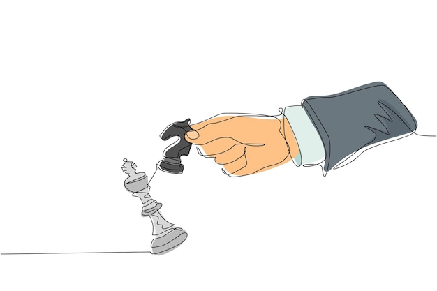 Un solo dibujo de línea continua hombre mano sosteniendo ajedrez caballo caballero ganar en el juego de ajedrez vector de diseño