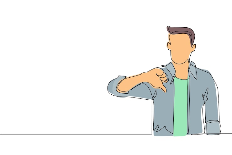 Vector un solo dibujo de línea continua hombre mostrando los pulgares hacia abajo gesto de señal vector del lenguaje corporal de la emoción