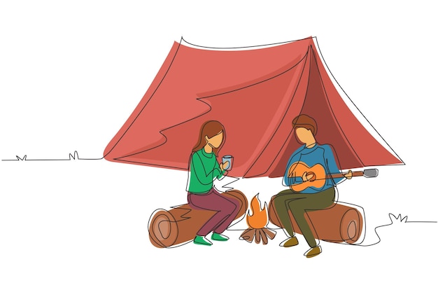 Un solo dibujo de línea continua hombre mujer calentándose cerca de la fogata Niña bebiendo té y chico tocando la guitarra sentado en troncos Pareja cerca de la hoguera cita romántica acampando Un vector de diseño de dibujo de una línea