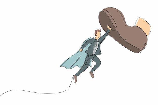 Un solo dibujo de línea continua hombre de negocios activo volando con capas de héroes contra zapatos gigantes