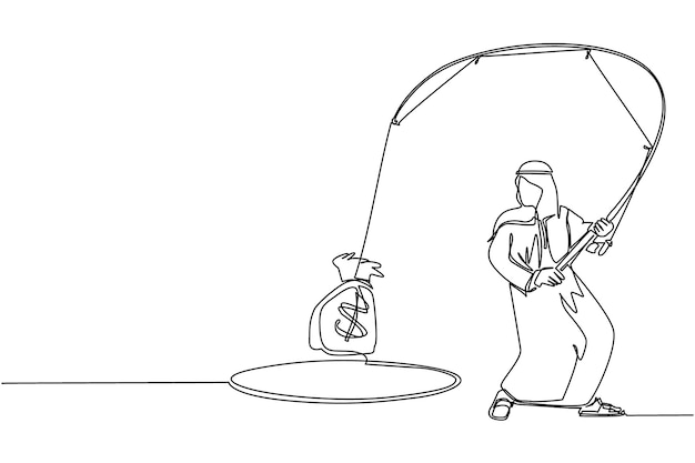 Un solo dibujo de línea continua Un hombre de negocios árabe con una caña de pescar sacó una gran bolsa de dinero del agujero