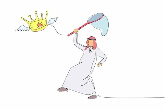 Un solo dibujo de línea continua hombre de negocios árabe trata de atrapar la corona voladora no pudo controlar