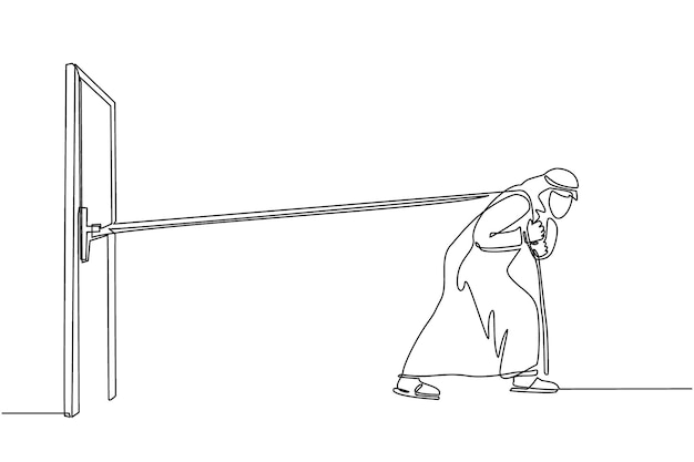 Un solo dibujo de línea continua hombre de negocios árabe tratando de tirar de la cuerda para arrastrar la puerta pesada