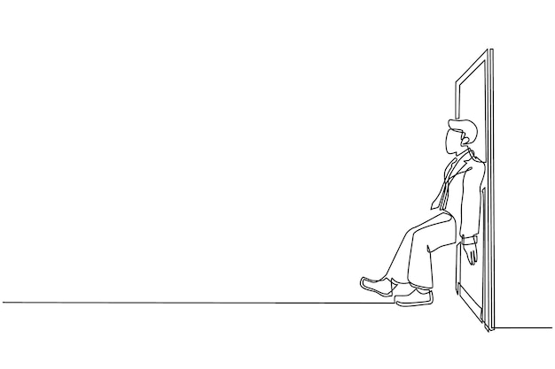 Un solo dibujo de línea continua hombre de negocios empujando la puerta con la espalda vector de luchas comerciales