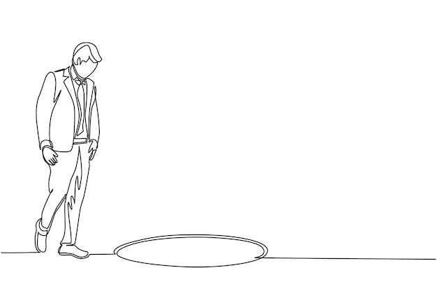 Un solo dibujo de línea continua hombre de negocios mirando el agujero hombre preguntándose y mirando un gran agujero