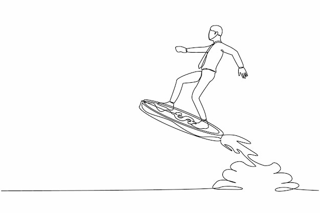 Un solo dibujo de línea continua hombre de negocios montando un cohete de moneda de dólar volando en el cielo impulso financiero