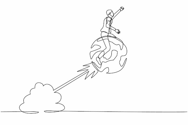 Un solo dibujo de línea continua hombre de negocios montando una esfera globo cohete volando en el cielo negocios globales