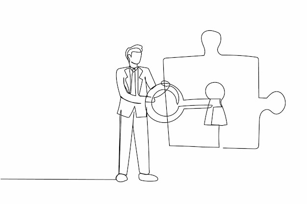 Un solo dibujo de línea continua Un hombre de negocios poniendo una gran llave en una pieza del rompecabezas