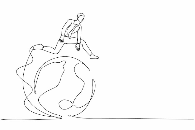 Un solo dibujo de línea continua hombre de negocios saltando sobre el globo Globalización y liderazgo