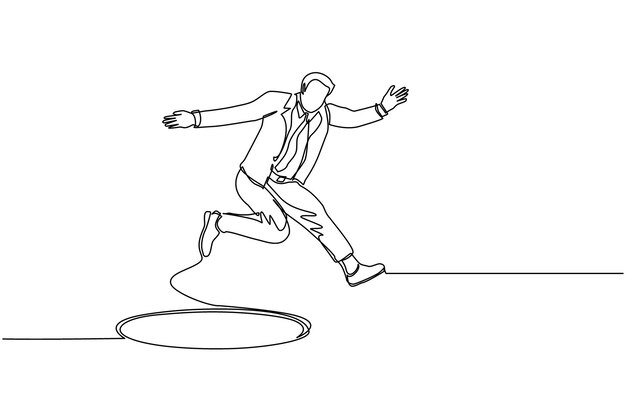 Un solo dibujo de línea continua hombre de negocios saltando a través del agujero metáfora para enfrentar un gran problema