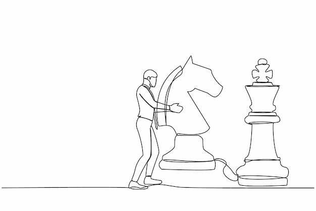 Un solo dibujo de línea continua hombre de negocios sosteniendo una pieza de ajedrez de caballo para vencer al rey Ilustración de ajedres