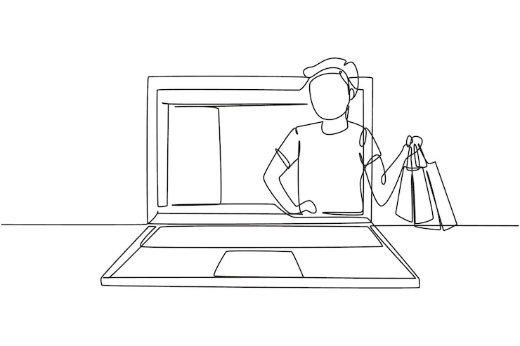Vector un solo dibujo de línea continua hombre saliendo de la computadora portátil sosteniendo bolsas de compras estilo de vida digital