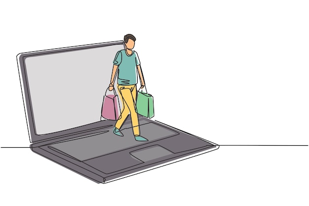 Un solo dibujo de línea continua hombre saliendo de la pantalla del portátil sosteniendo bolsas de compras vector gráfico