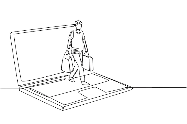 Un solo dibujo de línea continua hombre saliendo de la pantalla del portátil sosteniendo bolsas de compras vector gráfico
