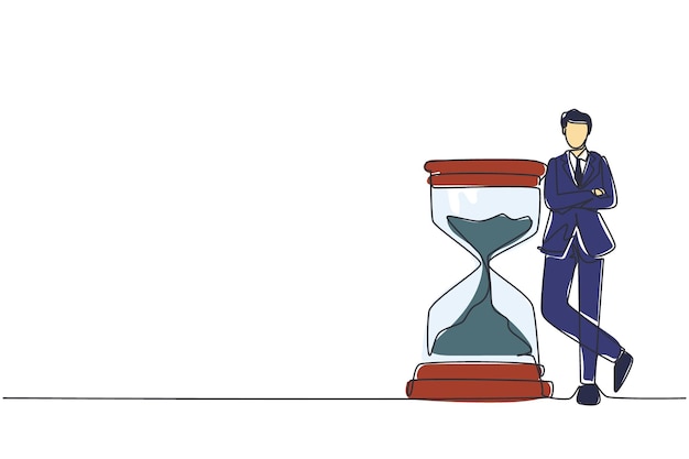 Un solo dibujo de línea continua hombres de negocios se apoyan en una enorme ilustración vectorial de reloj de arena