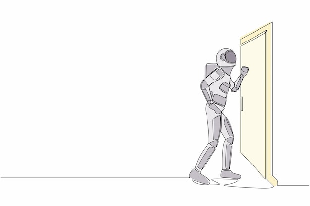 Un solo dibujo de línea continua de un joven astronauta llamando a la puerta en una ilustración vectorial de la superficie lunar