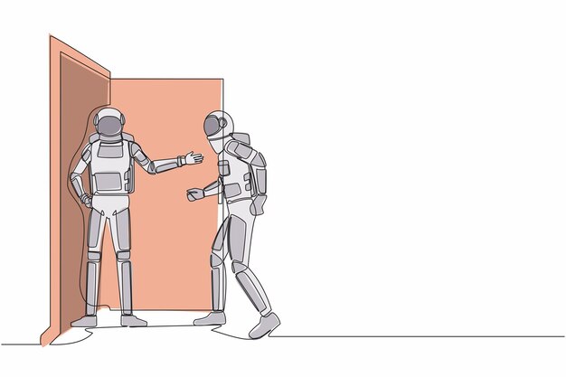 Un solo dibujo de línea continua joven astronauta en la puerta da la bienvenida a su amigo en ilustración vectorial