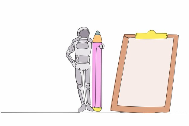 Un solo dibujo de línea continua de un joven astronauta sosteniendo una gran ilustración vectorial de diseño de lápiz