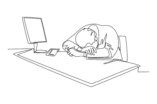 Un solo dibujo de línea continua de un joven CEO de una startup somnoliento que se queda dormido en el escritorio mientras leía Fatiga de sobrecarga de trabajo en la oficina Concepto de dibujo de una línea Ilustración vectorial de diseño gráfico