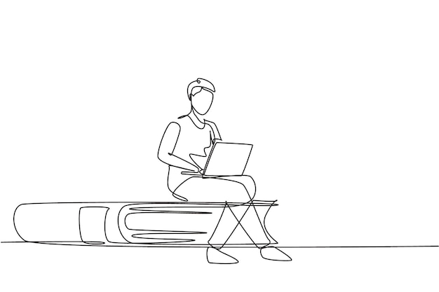 Un solo dibujo de línea continua joven estudiando con una computadora portátil sentado en un libro grande De vuelta a la escuela