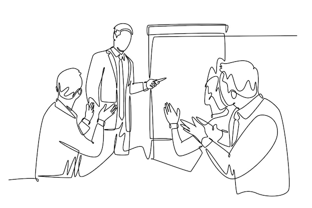 Un solo dibujo de línea continua de un joven gerente feliz dando una lección de habilidades interpersonales en una reunión de equipo en la oficina Concepto de presentación de negocios Ilustración vectorial de diseño gráfico de dibujo de una línea