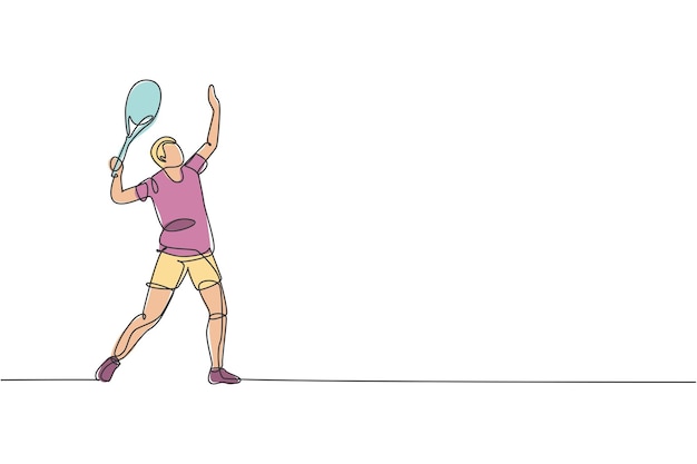 Un solo dibujo de línea continua joven jugador de tenis ágil se prepara para servir la pelota ejercicio deportivo