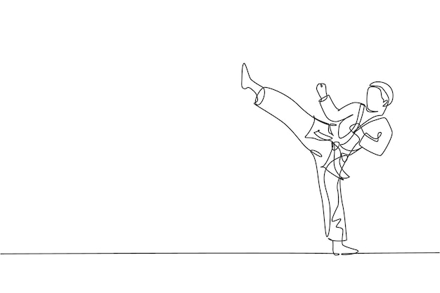 Un solo dibujo de línea continua joven karateka en kimono practicando combate de karate en el dojo vector