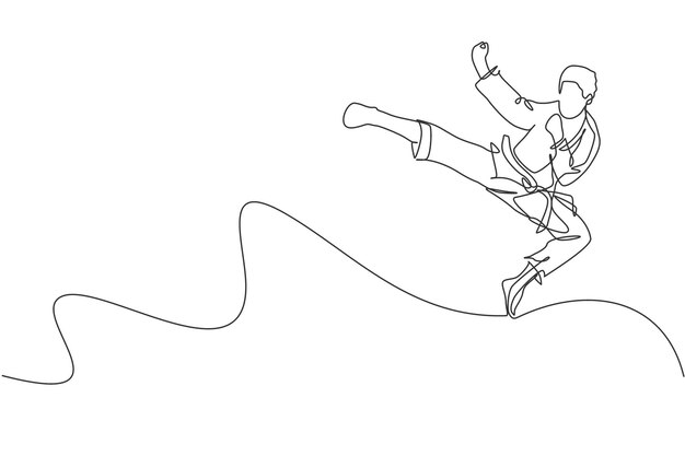 Un solo dibujo de línea continua joven karateka en kimono practicando combate de karate en el dojo vector