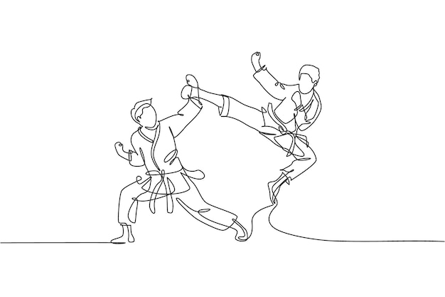 Un solo dibujo de línea continua joven karateka en kimono practicando combate de karate en el dojo vector