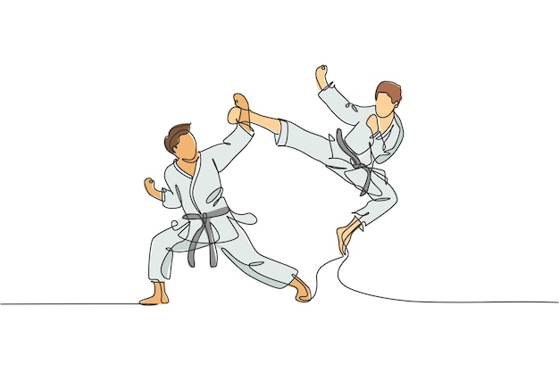 Un solo dibujo de línea continua joven karateka en kimono practicando combate de karate en el dojo vector