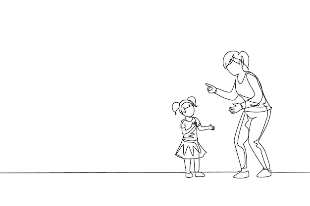 Un solo dibujo de línea continua de una joven madre dando charla algunos buenos consejos a su hija en casa