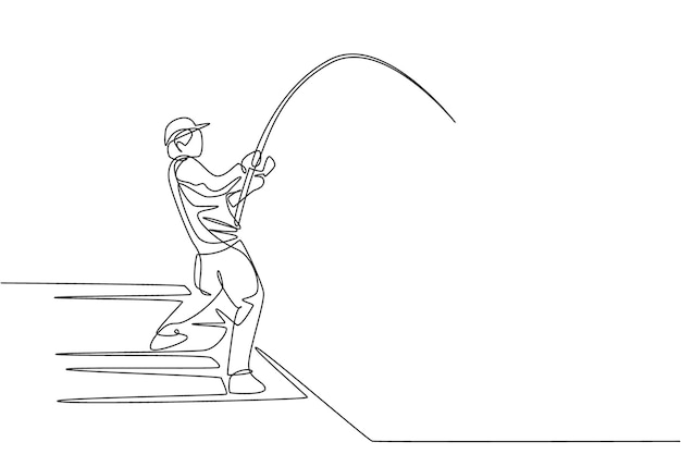 Un solo dibujo de línea continua joven pescador hombre pesca con mosca pez gran bajo en el muelle de muelle vector de diseño