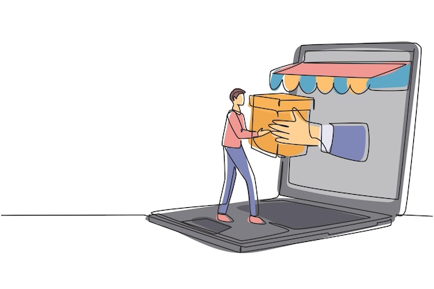 Un solo dibujo de línea continua joven recibe una caja de paquete de un gran diseño de portátil vectorial