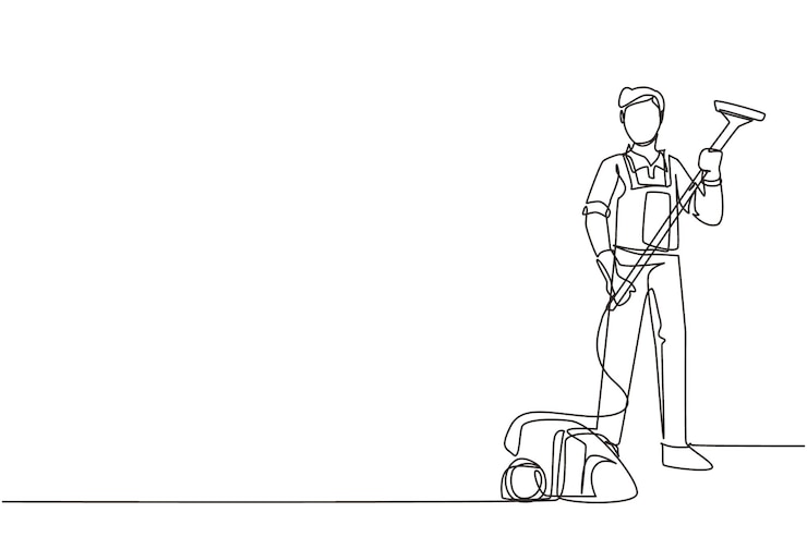 Vector un solo dibujo de línea continua joven trabaja en casa hacer limpieza en diseño de traje de vestir ilustración.