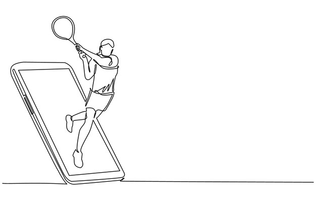 Un solo dibujo de línea continua jugadora de tenis hit juego de tenis en línea vector de diseño de aplicación móvil