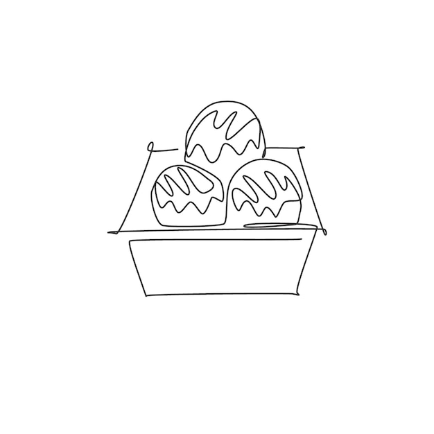 Un solo dibujo de línea continua del logotipo estilizado de la bola de takoyaki japonesa Servicio de entrega de mariscos