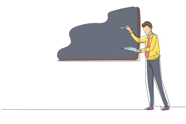 Un solo dibujo de línea continua del maestro de negocios de pie frente al vector de la tabla blanca.
