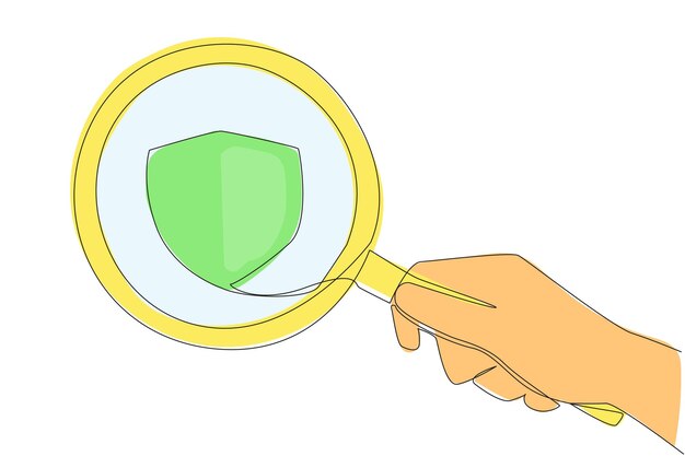 Un solo dibujo de línea continua de una mano grande sosteniendo una lupa destaca el vector de diseño del escudo