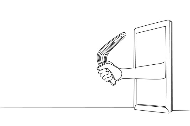 Un solo dibujo de línea continua con la mano sosteniendo un boomerang a través de un teléfono móvil Concepto de vídeo de agilidad
