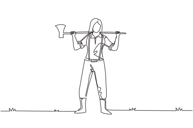Un solo dibujo de línea continua de una mujer bonita leñadora en pantalones vaqueros de camisa a cuadros con vector de cinturón.