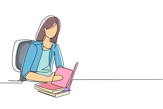 Un solo dibujo de línea continua de una mujer joven leyendo, aprendiendo y sentada en una silla, vector de diseño