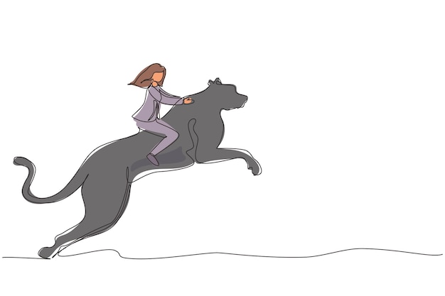 Un solo dibujo de línea continua mujer de negocios a caballo de guepardo símbolo de éxito Concepto de metáfora de negocios que mira el logro de la meta liderazgo Un dibujo de línea ilustración vectorial de diseño gráfico