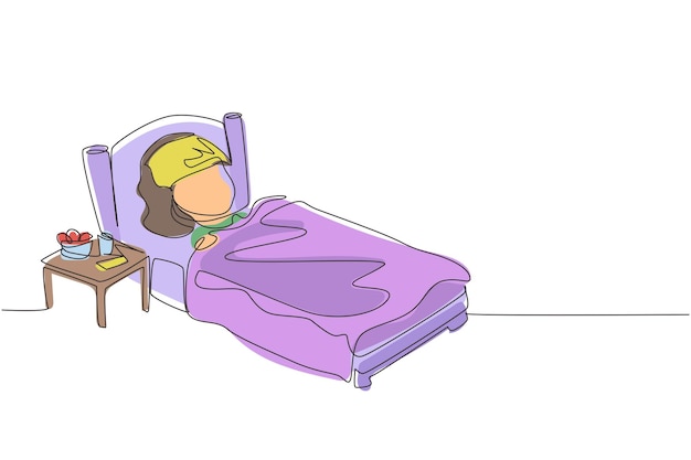 Un solo dibujo de línea continua niña enferma con fiebre alta Niño está enfermo de gripe o coronavirus Niño acostado en la cama se siente tan mal con fiebre Símbolo de atención médica Dibujado dinámico de una línea vector de diseño gráfico