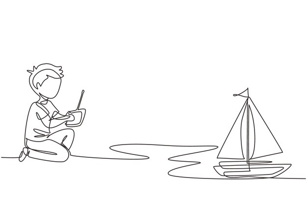 Un solo dibujo de línea continua niño jugando con juguete de velero controlado a distancia Niños jugando con juguete de velero electrónico con control remoto en las manos Ilustración vectorial de diseño gráfico de dibujo de una línea