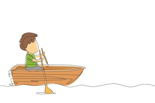 Un solo dibujo de línea continua un niño lindo montando en un bote en el río Niños montando en un bote de madera Niños remando un bote en el lago Niños felices remando un bote dinámico de una línea dibujo de diseño gráfico vectorial